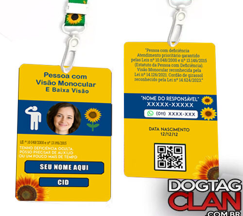 Crachá de Identificação Baixa Visão e Visão Monocular com Cordão Girassol e QR Code personalizado