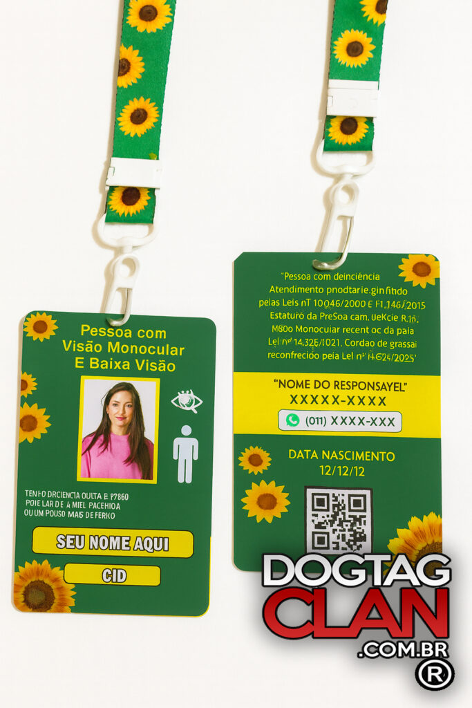 Crachá de Identificação para Baixa Visão e Visão Monocular com Cordão Girassol e QR Code