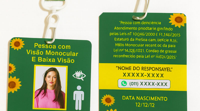 Crachá de Identificação para Baixa Visão e Visão Monocular com Cordão Girassol e QR Code
