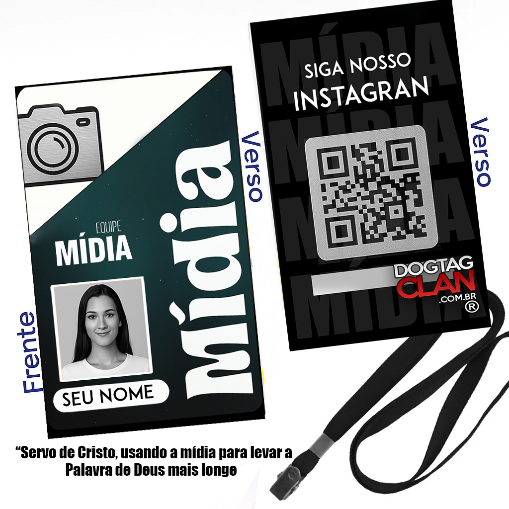 Crachá Mídia para Igreja em PVC – Identificação personalizada com nome e foto da equipe de mídia.