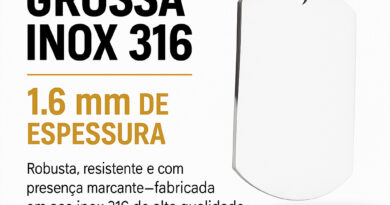 Dog Tag Grossa Inox 316 com 1.6 mm de espessura — placa em aço inox puro, resistente e polida, ideal para gravações personalizadas.