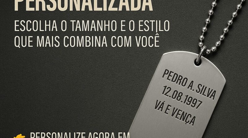 Dog tag personalizada em aço inox com corrente sob medida – escolha o tamanho e o estilo que mais combina com você – DogTagClan.