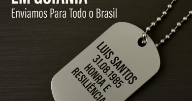 Dog tag personalizada em aço inox com gravação e corrente de bolinha – DogTagClan Goiânia.