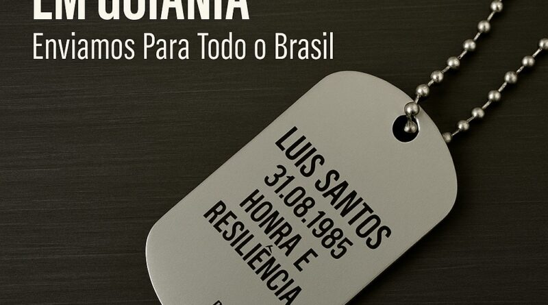 Dog tag personalizada em aço inox com gravação e corrente de bolinha – DogTagClan Goiânia.