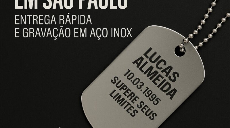 Dog tag personalizada em aço inox com gravação e corrente de bolinha – DogTagClan São Paulo.