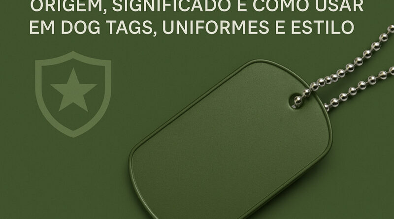 Dog tag verde militar em aço inox sobre fundo camuflado – símbolo de força, honra e estilo – DogTagClan.
