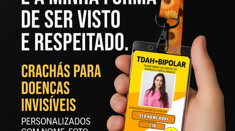 Crachá de identificação personalizado para doenças invisíveis — modelo DogTagClan com nome, foto e QR Code