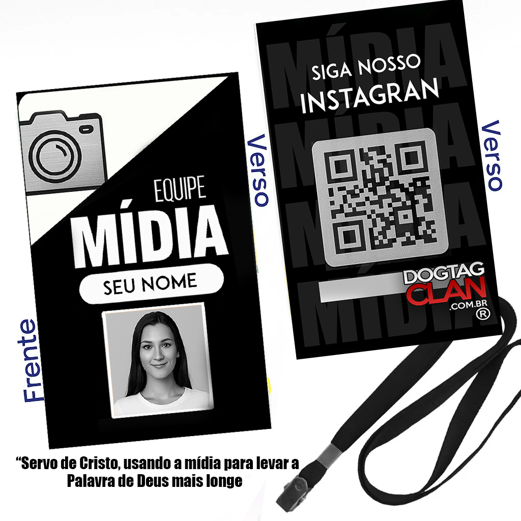 Crachá Equipe de Mídia para Igreja personalizado com nome, foto e QR Code