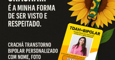 Crachá Transtorno Bipolar personalizado com nome, foto e QR Code — modelo com cordão girassol da DogTagClan