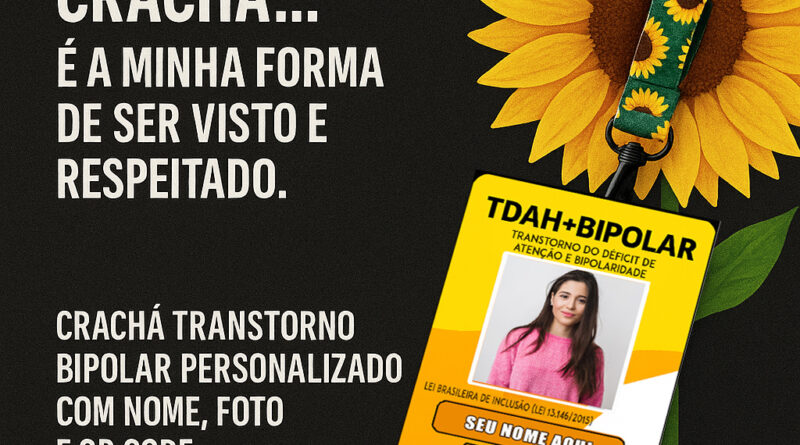 Crachá Transtorno Bipolar personalizado com nome, foto e QR Code — modelo com cordão girassol da DogTagClan