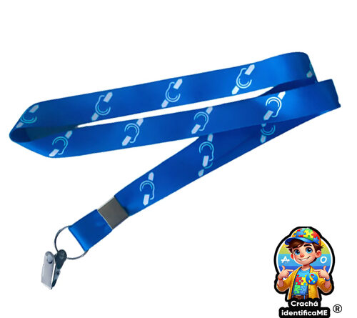 Cordão azul para crachá com símbolo de Surdez, identificação segura para deficientes auditivos, produto da CRACHA IDENTIFICAME