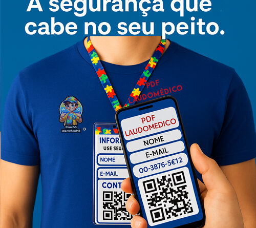 Crachá com QR Code Seguro Inteligente personalizado com nome, CID, tipo sanguíneo e laudo médico, segurado por uma pessoa e mostrado em close para identificação rápida.