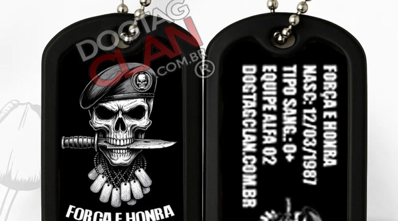 Dog Tag personalizada com gravação Força e Honra em aço inox, corrente militar e acabamento profissional – DogTagClan