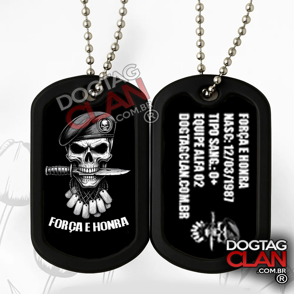 Dog Tag personalizada com gravação Força e Honra em aço inox, corrente militar e acabamento profissional – DogTagClan