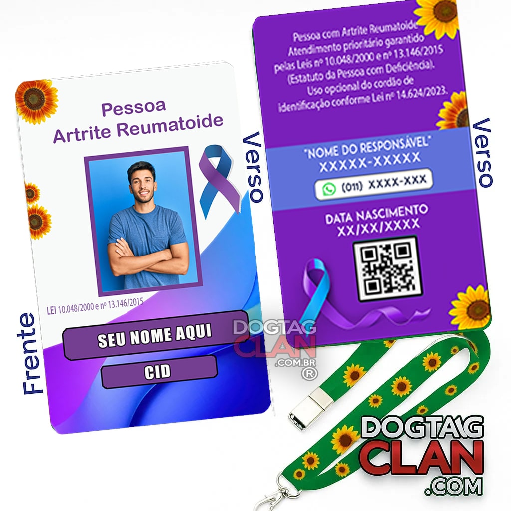 Crachá Artrite Reumatoide com QR Code e Cordão Girassol – Identificação Médica e Atendimento Prioritário