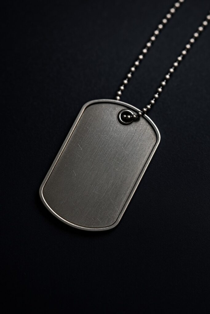 Dog tag militar em aço inox com corrente de bolinha, usada para identificação e personalização