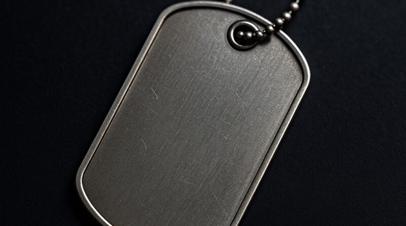 Dog tag militar em aço inox com corrente de bolinha, usada para identificação e personalização