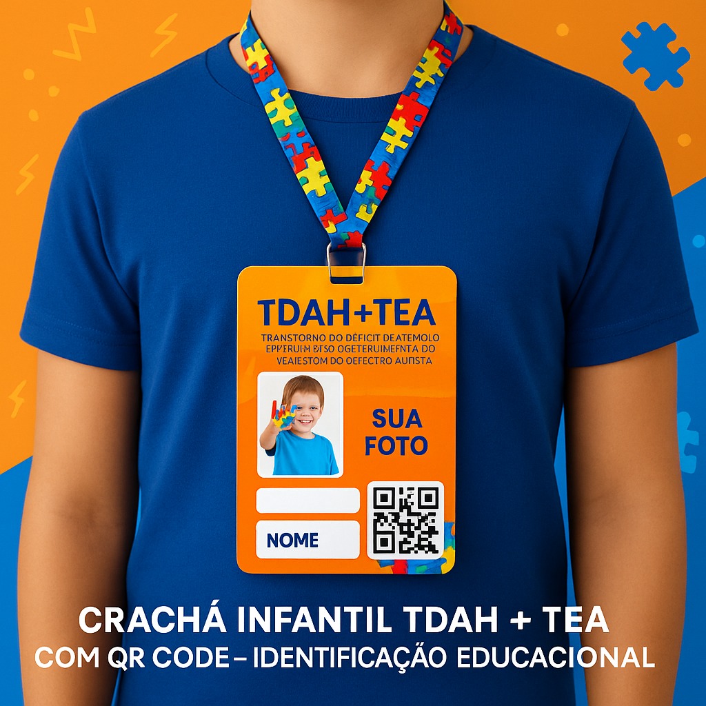 Crachá infantil TDAH + TEA com QR Code para identificação educacional, pendurado no pescoço com cordão quebra-cabeça.