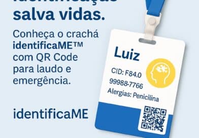"Crachá de identificação com QR Code para emergências – modelo identificaME com nome, dados e contato."
