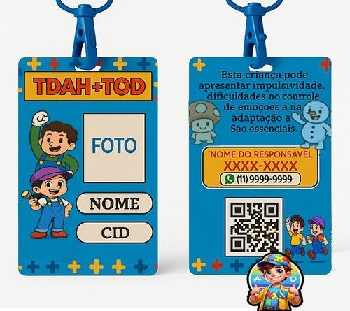 Crachá Infantil TDAH e TOD com QR Code — identificação segura e personalizada para crianças.