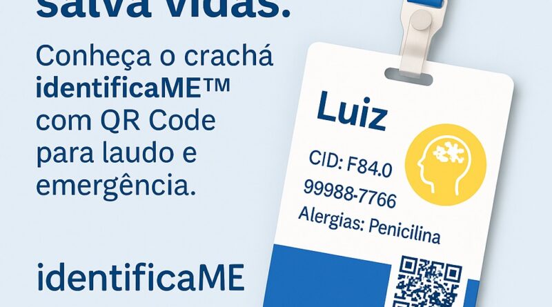 "Crachá de identificação com QR Code para emergências – modelo identificaME com nome, dados e contato."