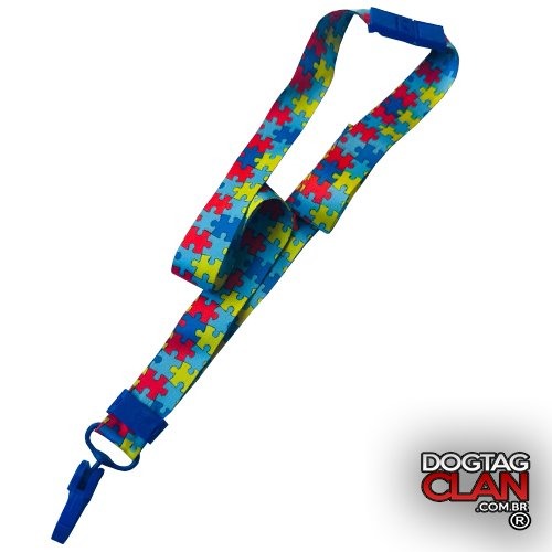 Cordão de identificação autismo com trava de segurança e design multicolorido