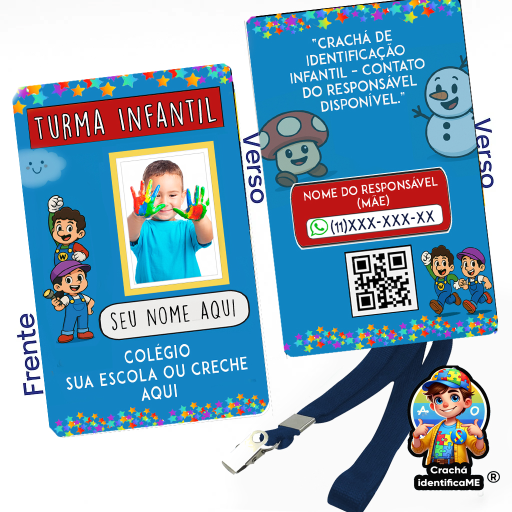 Crachá Infantil Escolar azul com nome, foto da criança e QR Code opcional para identificação segura.