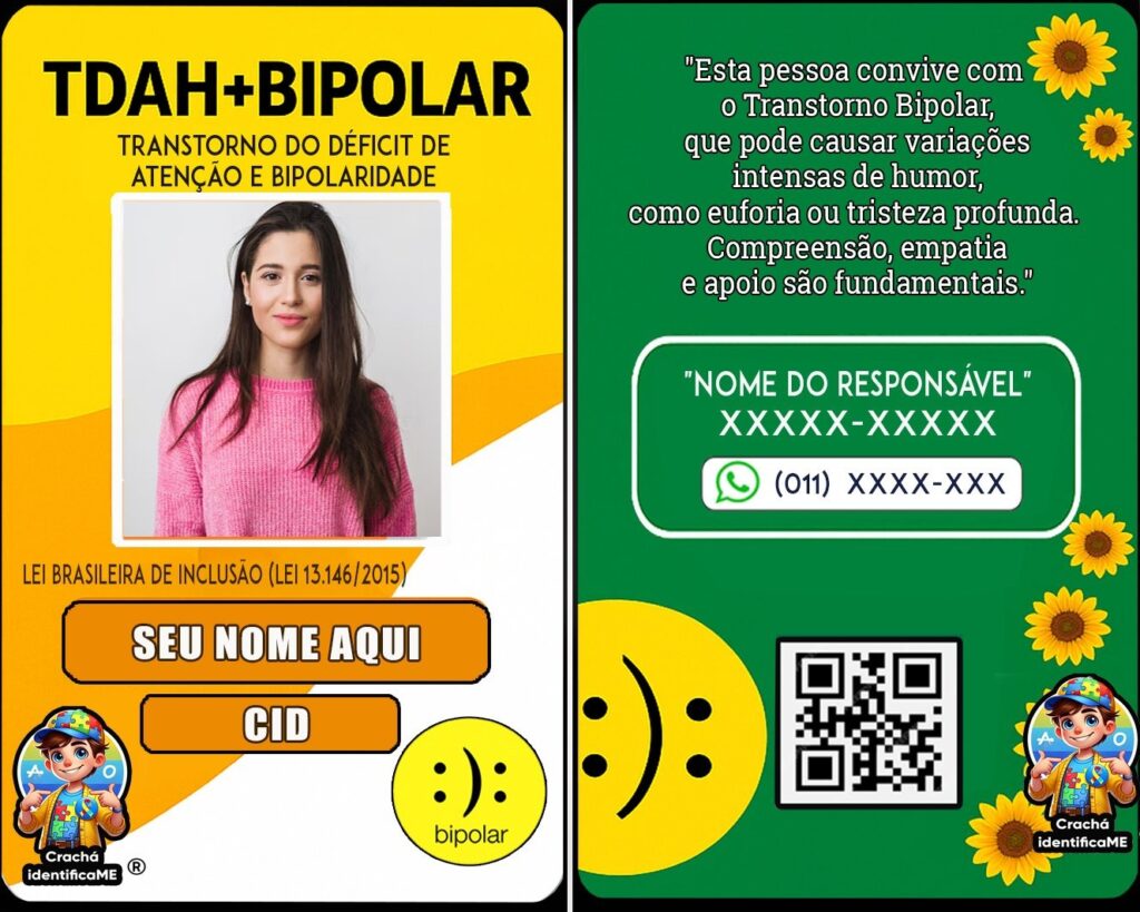 Crachá Transtorno Bipolar com QR Code e Cordão de Acessibilidade – Identificação Médica