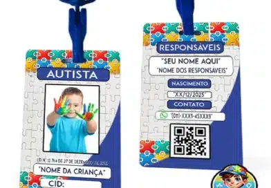 Crachá de identificação para autismo (TEA) com QR Code, cordão girassol e dados personalizados — modelo DogTagClan / IdentificaMe.