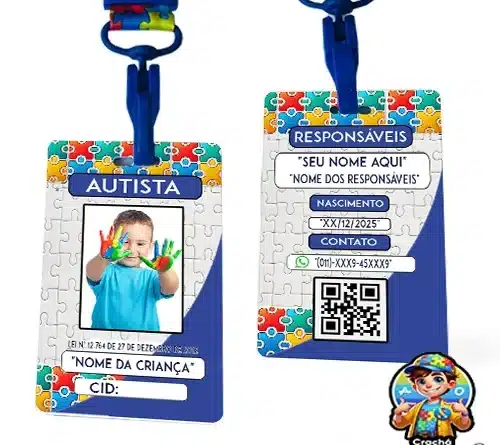 Crachá de identificação para autismo (TEA) com QR Code, cordão girassol e dados personalizados — modelo DogTagClan / IdentificaMe.