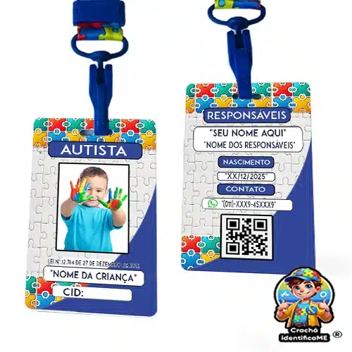 Crachá de identificação para autismo (TEA) com QR Code, cordão girassol e dados personalizados — modelo DogTagClan / IdentificaMe.