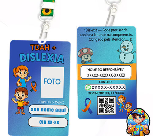 Crachá infantil TDAH e Dislexia com QR Code — identificação escolar personalizada com nome, foto e contatos dos responsáveis.