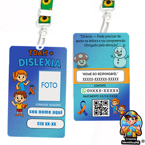 Crachá infantil TDAH e Dislexia com QR Code — identificação escolar personalizada com nome, foto e contatos dos responsáveis.