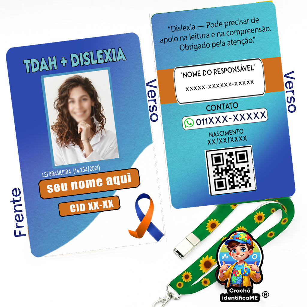 Crachá TDAH e Dislexia com QR Code – Identificação Médica Personalizada
