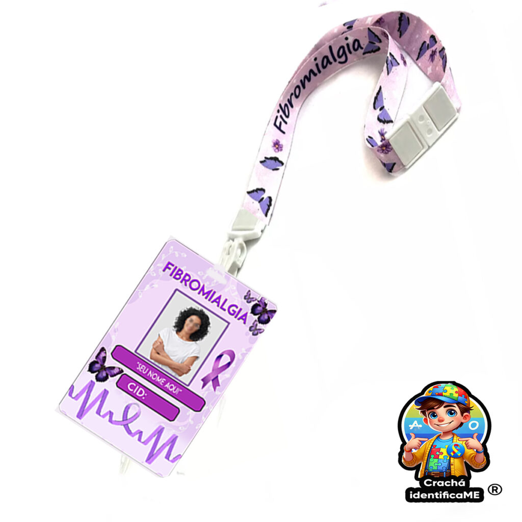 Crachá de Fibromialgia Personalizado com QR Code e Cordão Roxo – Identificação Médica da Crachá IdentificaME
