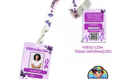 Crachá de identificação para fibromialgia com dados personalizados, cordão roxo e QR Code para informações médicas.