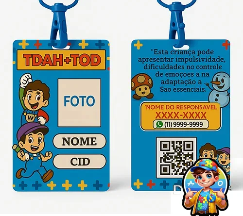 Crachá Infantil TDAH com QR Code – Identificação para Crianças, Nome, Foto e Contato de Emergência