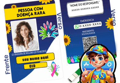 “Crachá de Doenças Raras personalizado com nome, foto, CID e QR Code – Identificação médica com cordão Mãos Coloridas.”