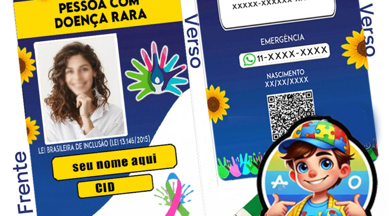 “Crachá de Doenças Raras personalizado com nome, foto, CID e QR Code – Identificação médica com cordão Mãos Coloridas.”