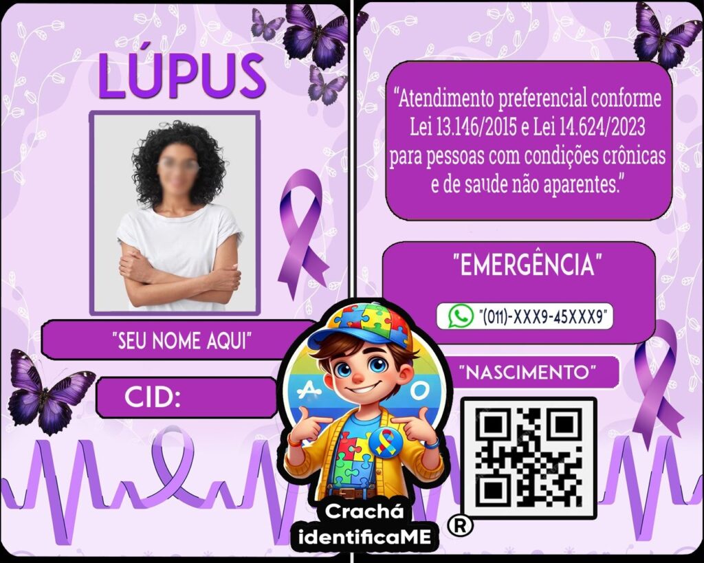 Crachá de identificação para Lúpus com nome, foto, CID e QR Code, modelo personalizado da Crachá IdentificaME.