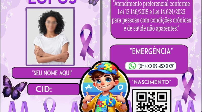 Crachá de identificação para Lúpus com nome, foto, CID e QR Code, modelo personalizado da Crachá IdentificaME.