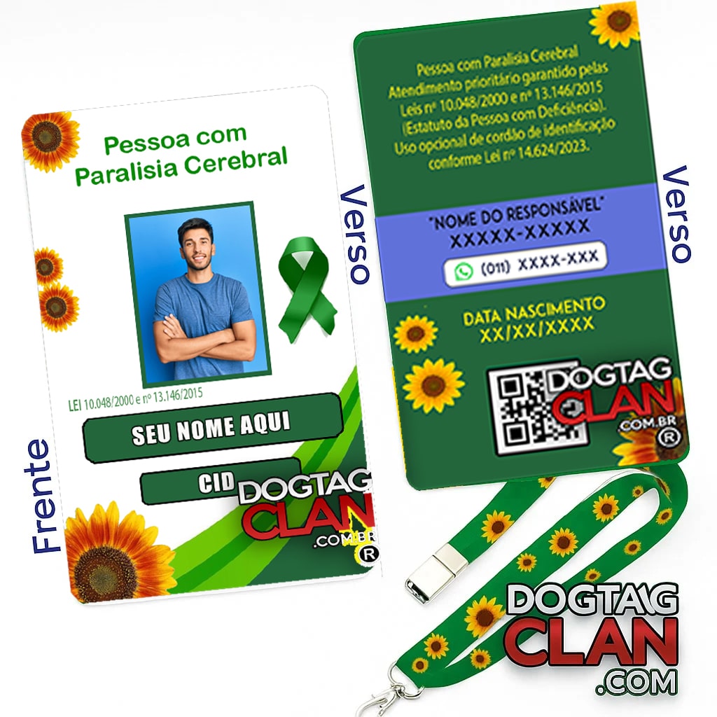 Crachá Paralisia Cerebral com QR Code e Cordão Verde – Identificação Personalizada DogTagClan