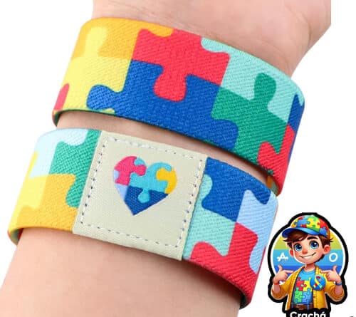 Pulseira para autismo (TEA) com símbolo do quebra-cabeça, usada para identificação e segurança em crianças e adultos.