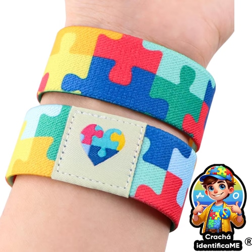 Pulseira para autismo (TEA) com símbolo do quebra-cabeça, usada para identificação e segurança em crianças e adultos.