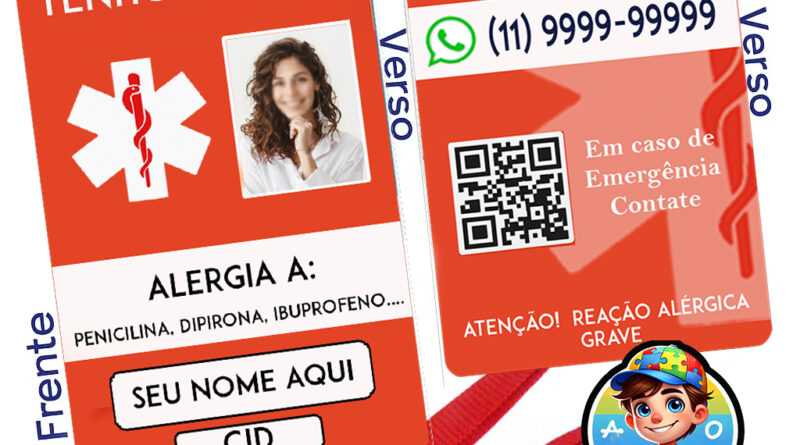 Crachá Alérgico a Medicamentos com cordão vermelho e QR Code Seguro Inteligente para emergência médica