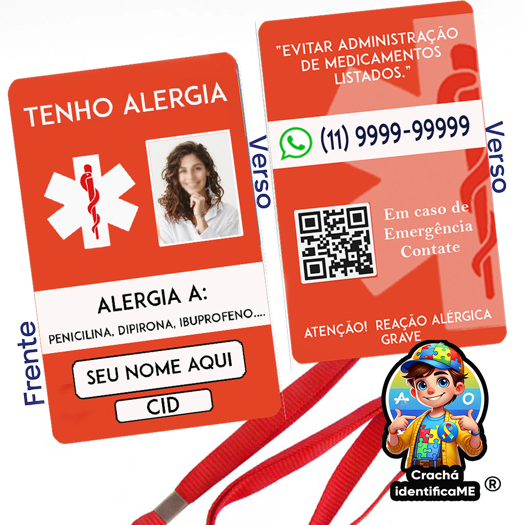 Crachá Alérgico a Medicamentos com cordão vermelho e QR Code Seguro Inteligente para emergência médica