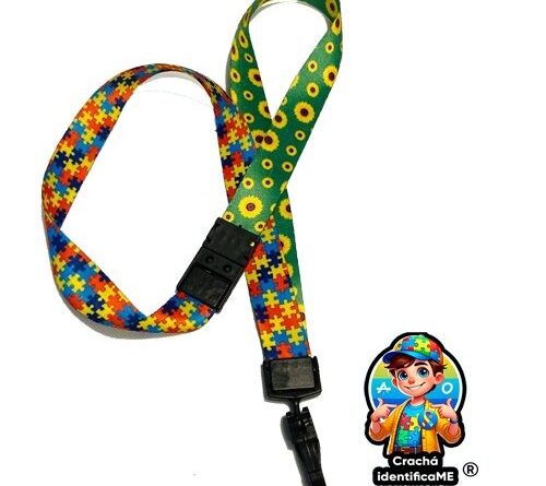 Cordão Dupla Face Autismo e Girassol com trava anti-sufocamento e porta-crachá, usado para identificar deficiências ocultas como TEA e TDAH.