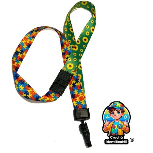 Cordão Dupla Face Autismo e Girassol com trava anti-sufocamento e porta-crachá, usado para identificar deficiências ocultas como TEA e TDAH.