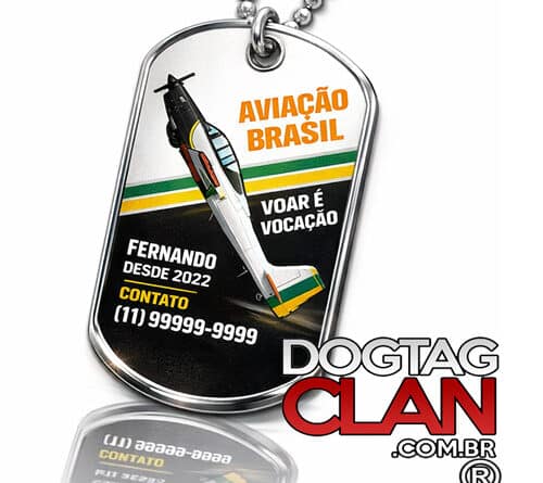 Dog tag aviação personalizada em aço inox com tema aeronáutico, ideal para pilotos, estudantes de aviação e formatura aeronáutica.