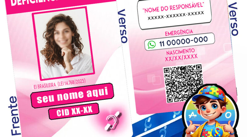 Crachá de Identificação para Deficiência Auditiva na cor rosa, personalizado com foto, nome, CID e QR Code, modelo IdentificaME.
